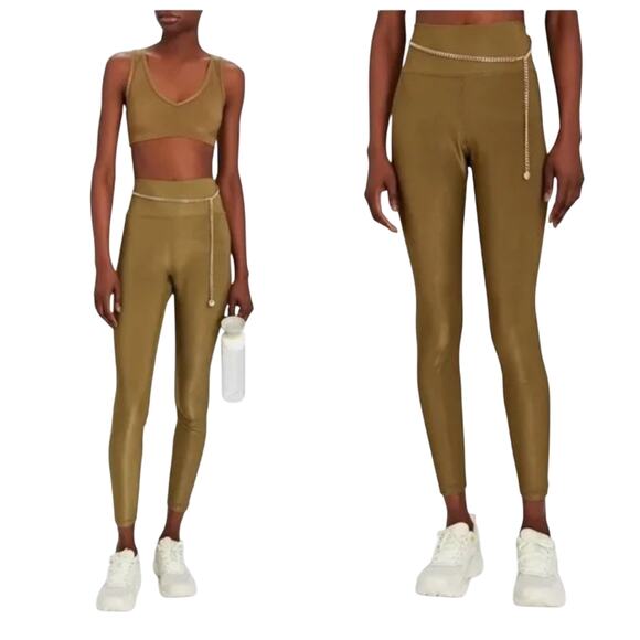 WeWoreWhat Chain High Rise Ribbed Green Leggings NWT Sz Medium Gold Chain Detail - Picture 1 of 15